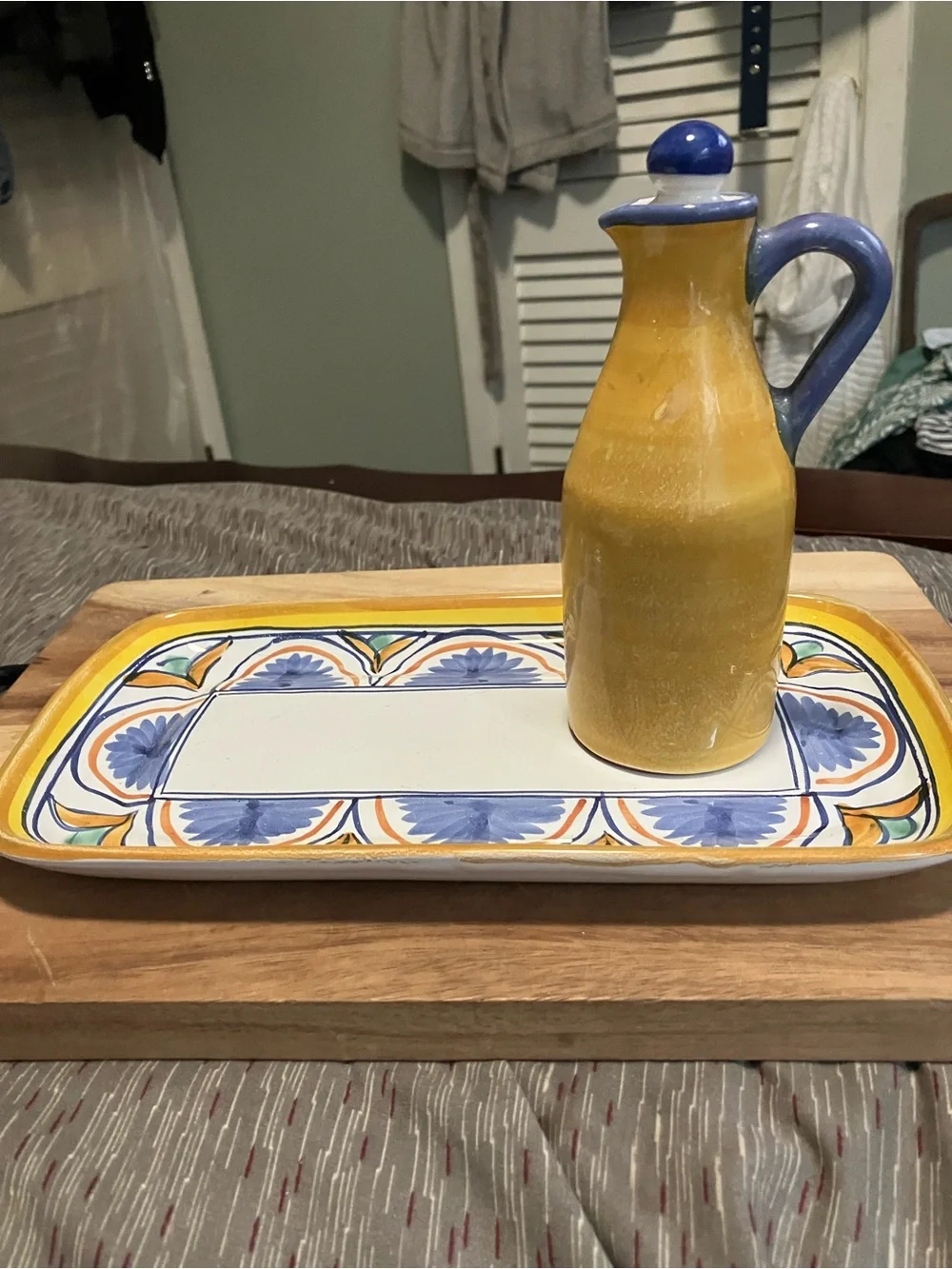 Hand-Painted Ceramic Rectangular Tray and Cruet